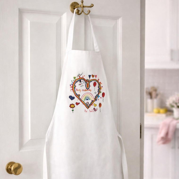 White apron hanging on a brass hook on a white door, decorated with colorful hand-drawn heart designs, rainbows, flowers, and the words 'Happy Mother's Day'.
