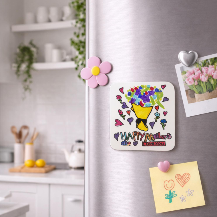 Colorful drawing on a fridge magnet, attached to a refrigerator door with handwritten messages and decorations, including a pink flower magnet, a photo of pink tulips, and a yellow sticky note with a heart, smiley face, and flower.