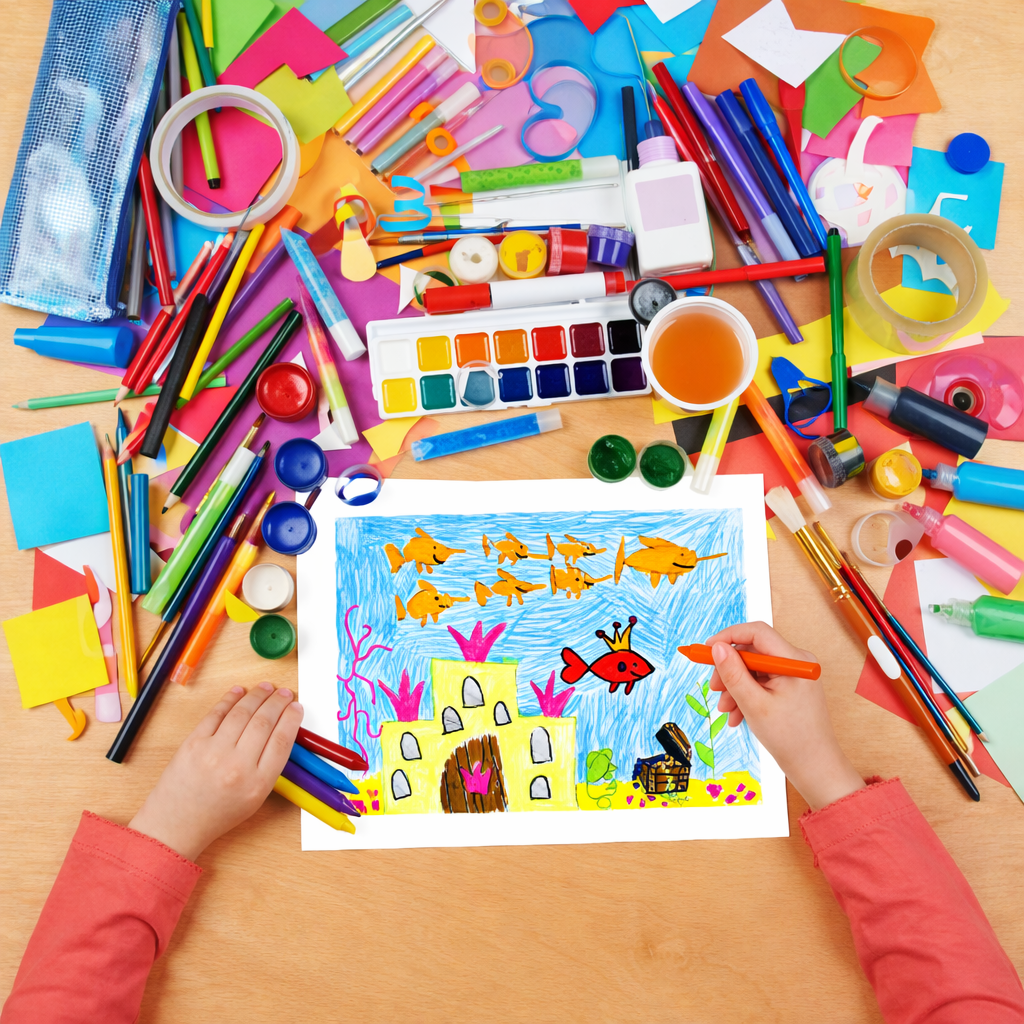 A school child creating a brightly coloured picture