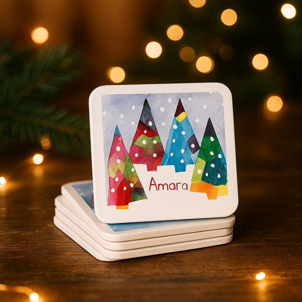School Christmas coasters with child's original artwork and name