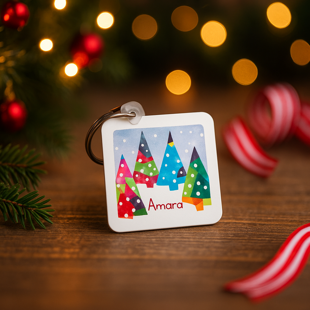 School christmas white keyring featuring childs original artwork