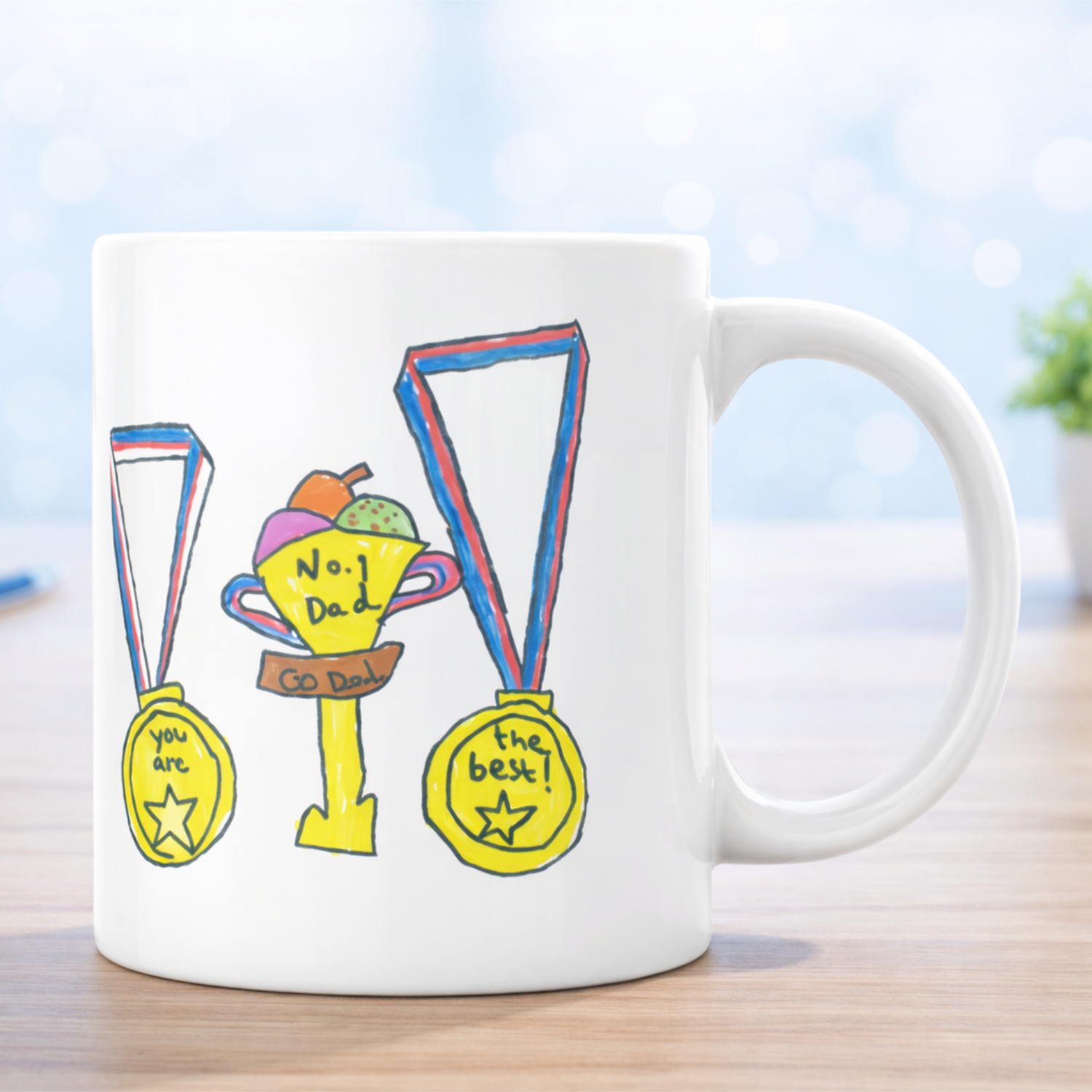 White ceramic mug with personalised artwork printed on the front