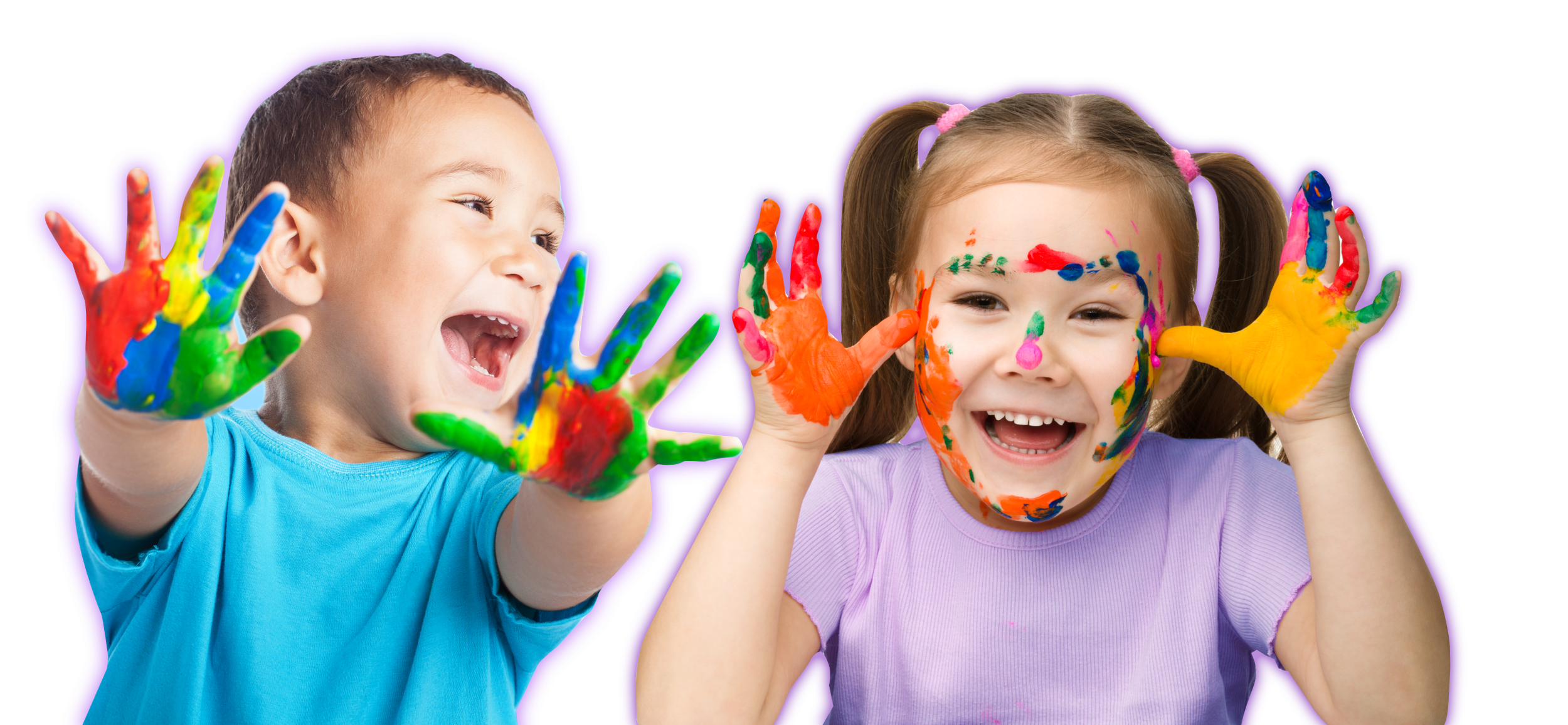 Two children, a boy and a girl, smiling and showing their hands covered in colorful paint, with a purple background.