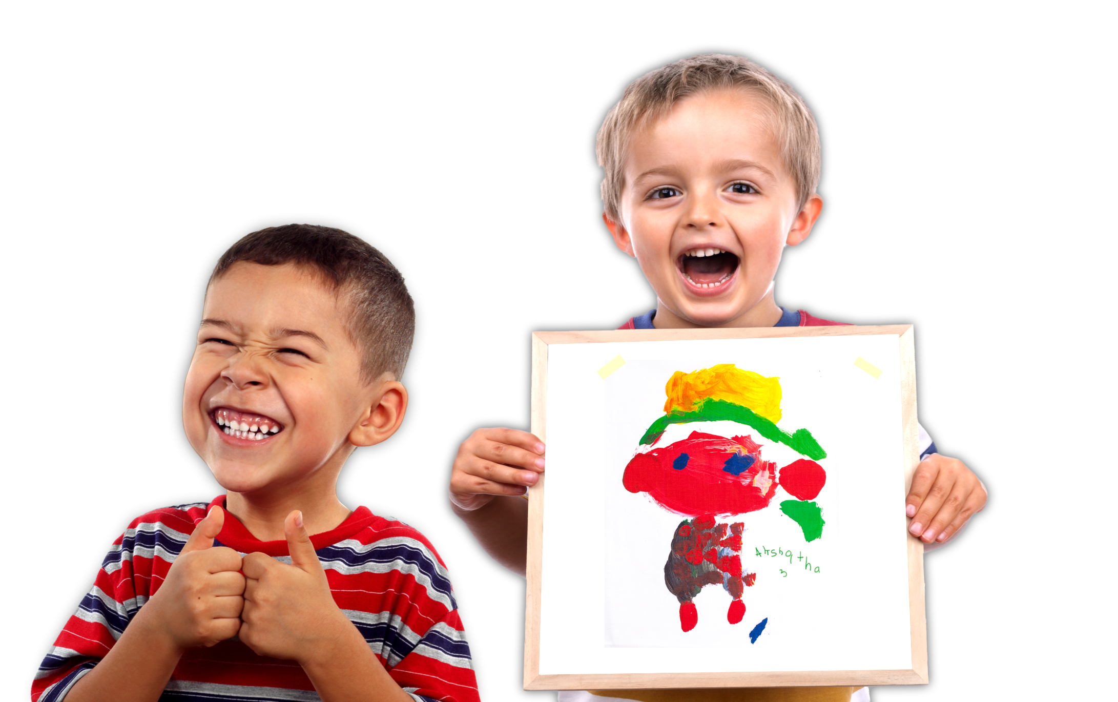 Two young boys smiling, one giving a thumbs up and the other showing a colorful child's drawing on a frame.