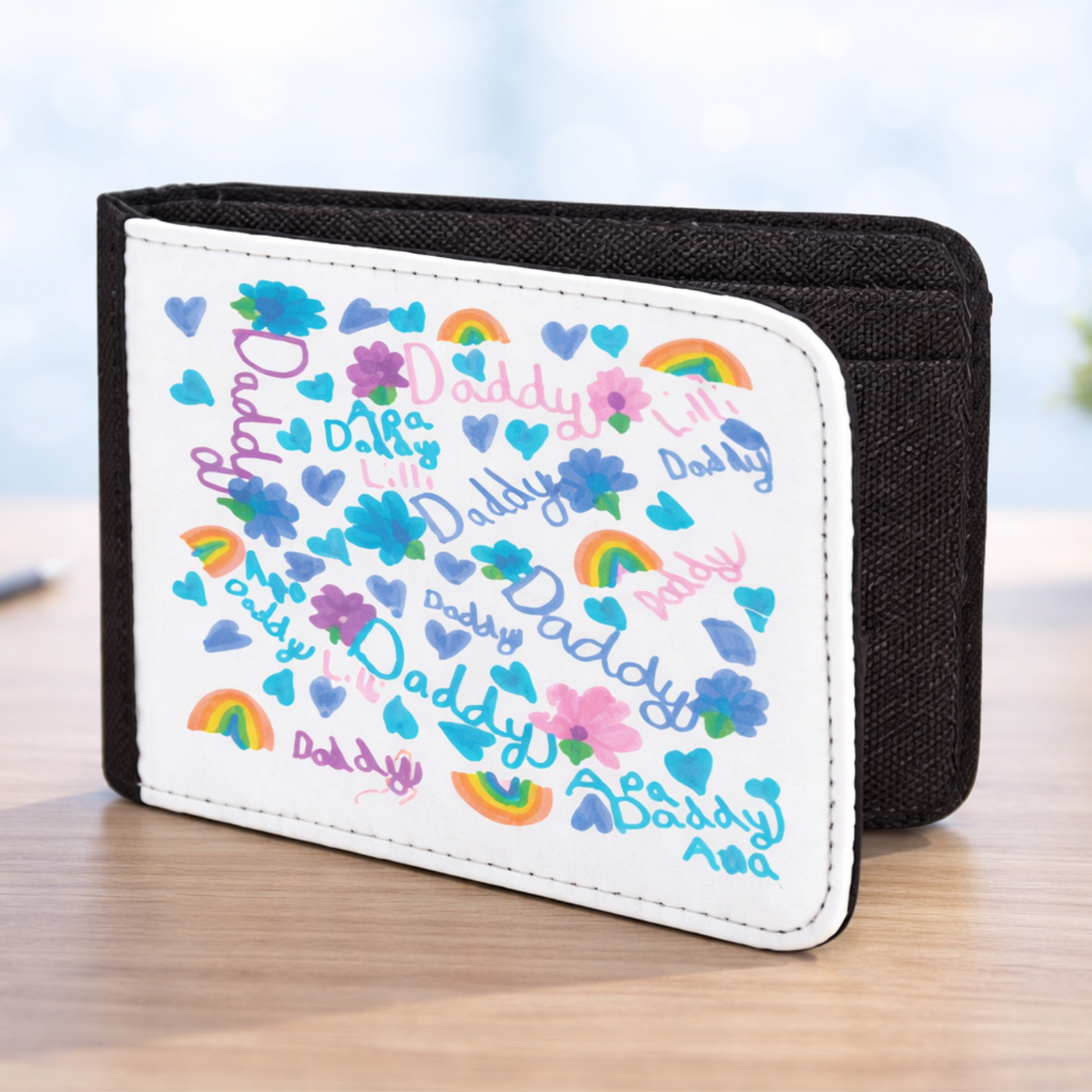 Personalised wallet with father's day messages printed on the front