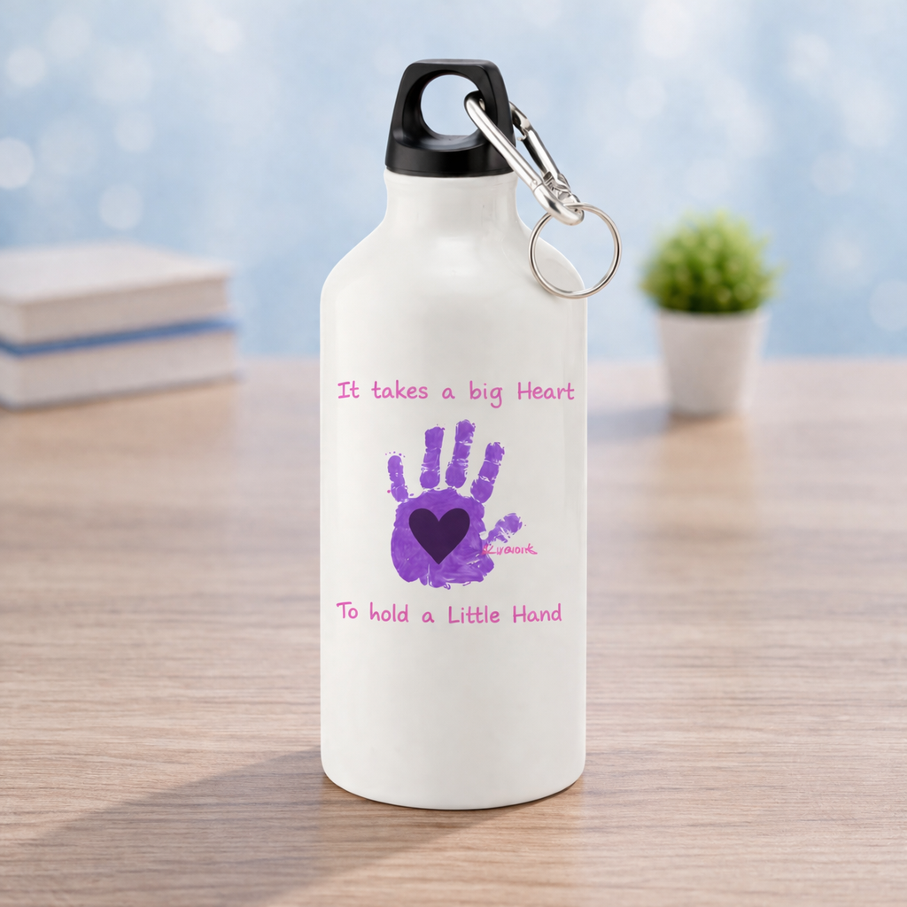 Father's Day drawing printed on the front of a white aluminium water bottle