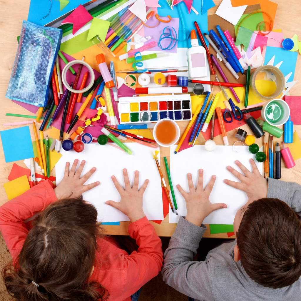 Two school children creating artwork with brightly coloured paints and pens