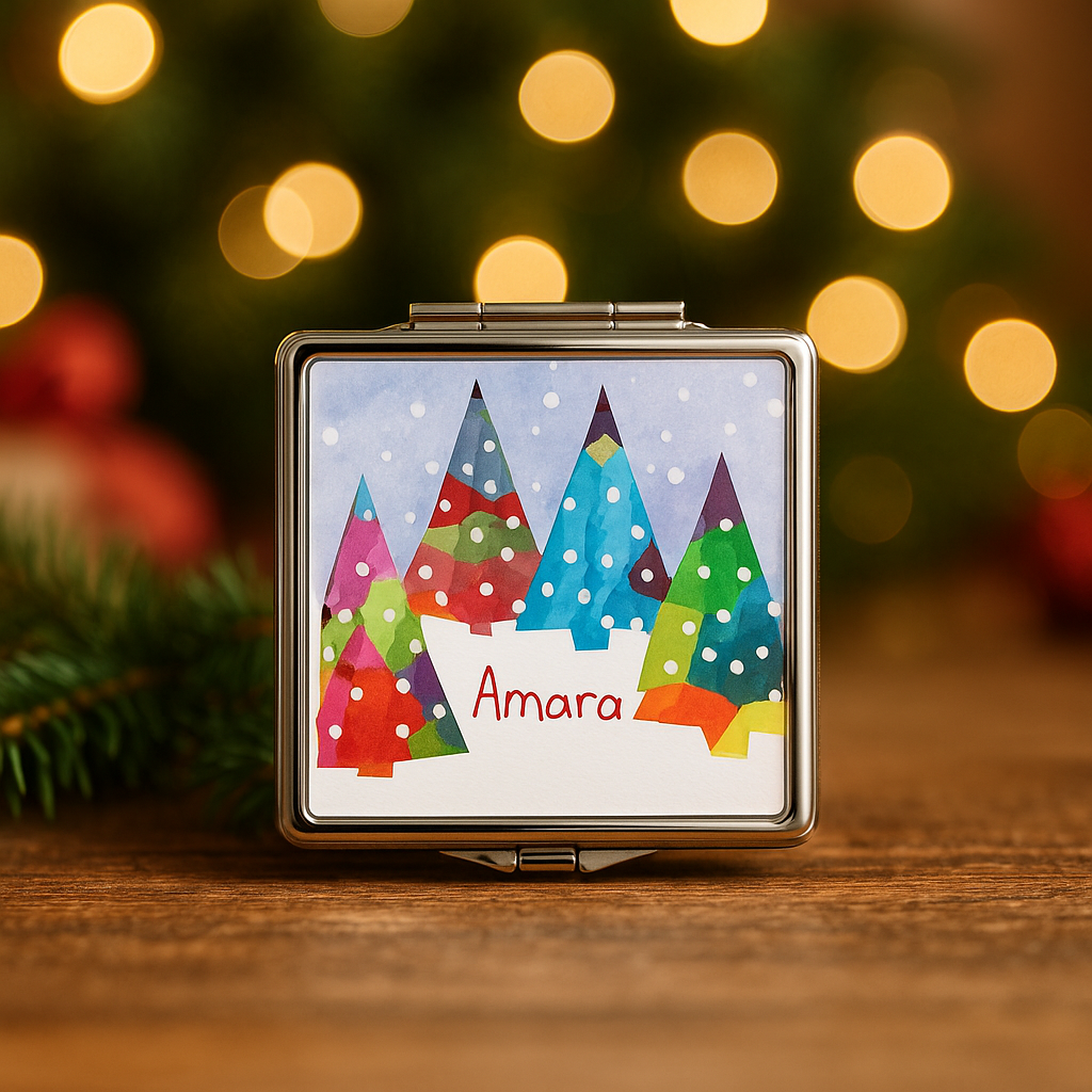 Compact mirror in a metal frame featuring child's original artwork and name