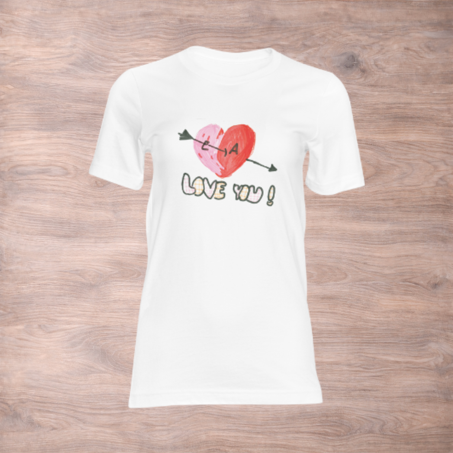 White cotton t-shirt with child's drawing of a heart and words Love You printed on the front