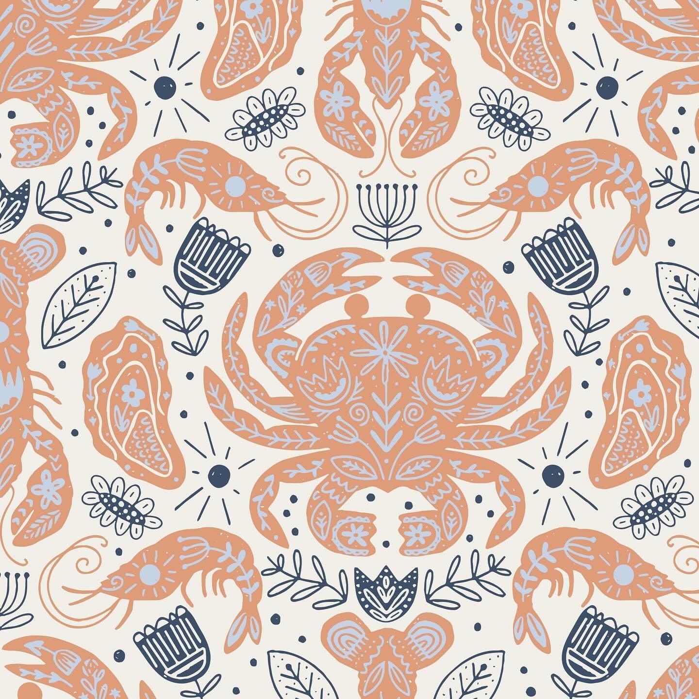Voting starts tomorrow for @spoonflower&rsquo;s Crustacean Core challenge! This folk inspired print is on trend and ideal for kitchen accessories ~available on @society6 and @spoonflower now!! (Crustacean Core seems to be sticking around, and the pri