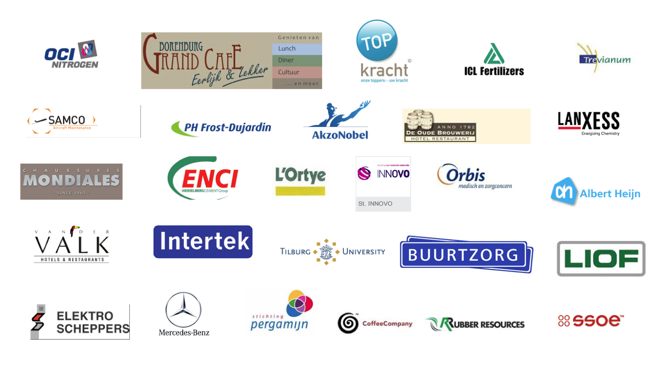 Een collage van verschillende bedrijfslogo's, inclusief OCI Nitrogen, Grand Café Borending, TOP kracht, ICL Fertilizers, Trevianum, SAMCO Aircraft Maintenance, PH Frost-Dujardin, AkzoNobel, De Oude Brouwerij, LANXESS, Chaussettes Mondiales, ENCI, L'O