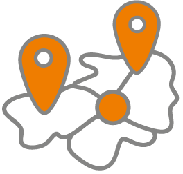 Een kaart met twee locatiepinnen erop, die op verschillende plaatsen staan