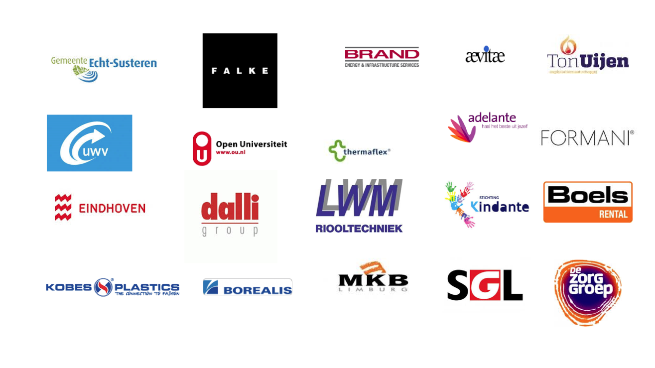 Een collage van verschillende bedrijfs- en organisatie logo's.