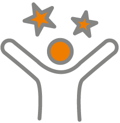 Een gestileerde figuur met uitgestrekte armen en sterren boven het hoofd, symboliseert vreugde of succes.