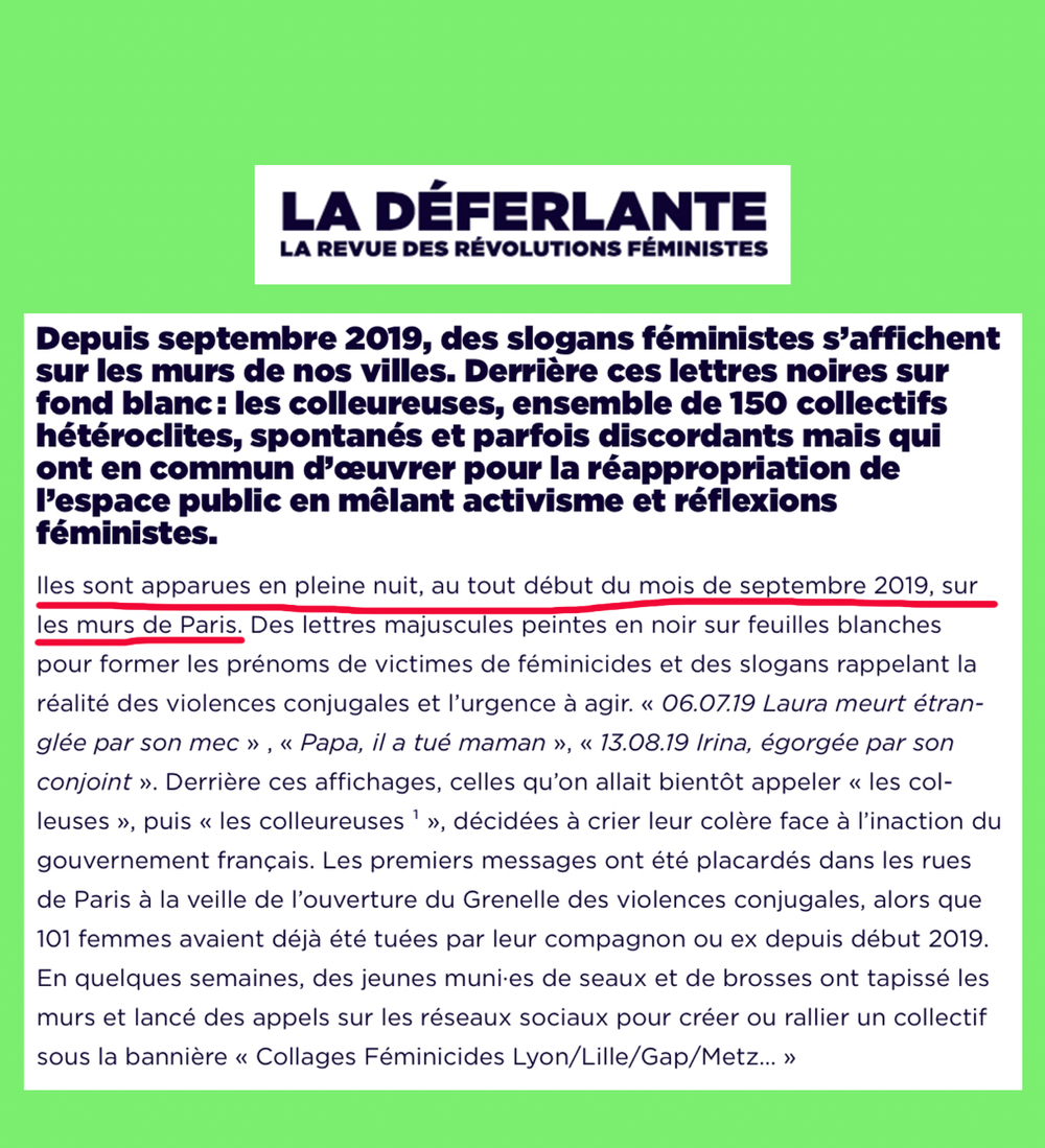 La Déferlante "omet" de mentionner que c'est Marguerite Stern qui est à l'origine des collages contre les féminicides