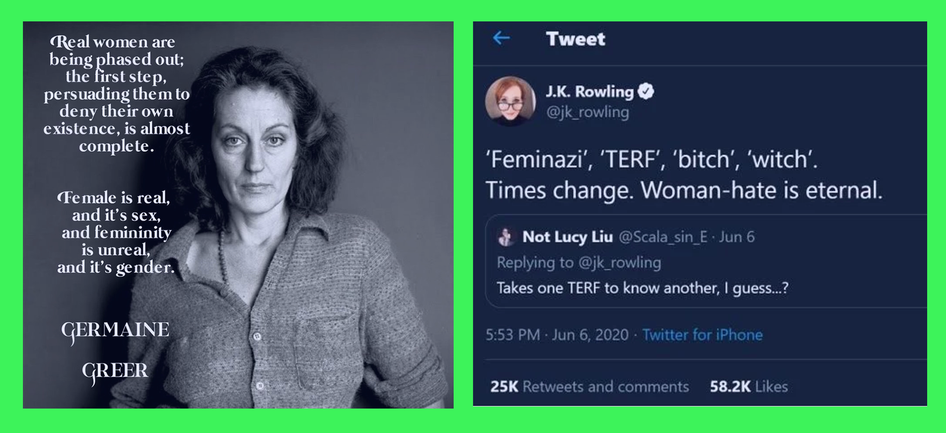 Terf / JK Rowling / germaine Greer / féminisme / féministe critique du genre