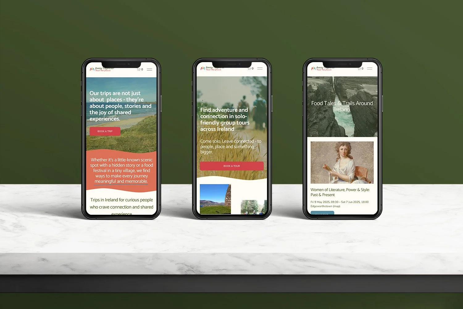 Three smartphones displaying travel and adventure website pages. The screens show options to book trips, find tours across Ireland, and attend events related to food, literature, and trails.