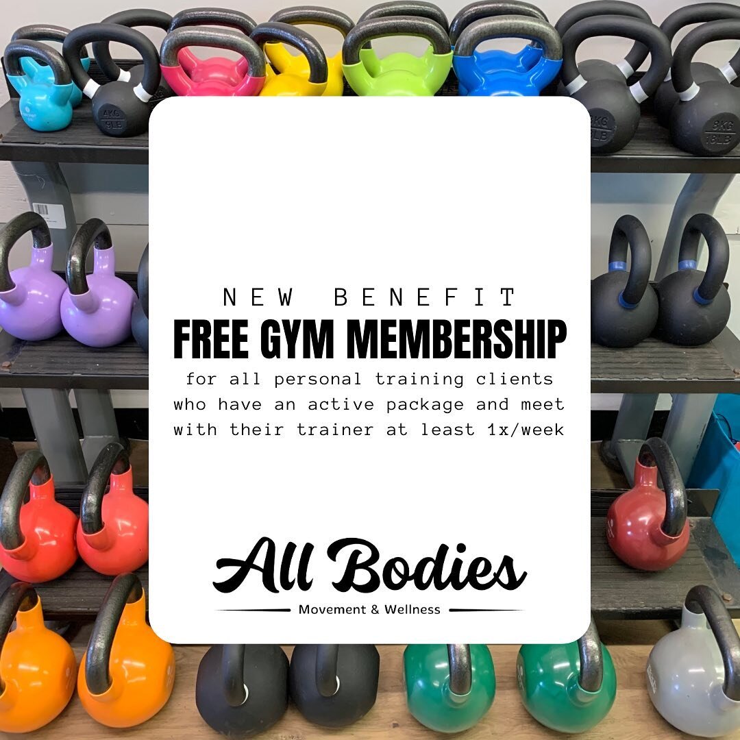 New benefit for personal training clients: FREE gym membership!🎉

All 1-1 personal training clients who have an active package and are meeting with a trainer at least once a week are invited to come in during open gym hours to engage in self-directe