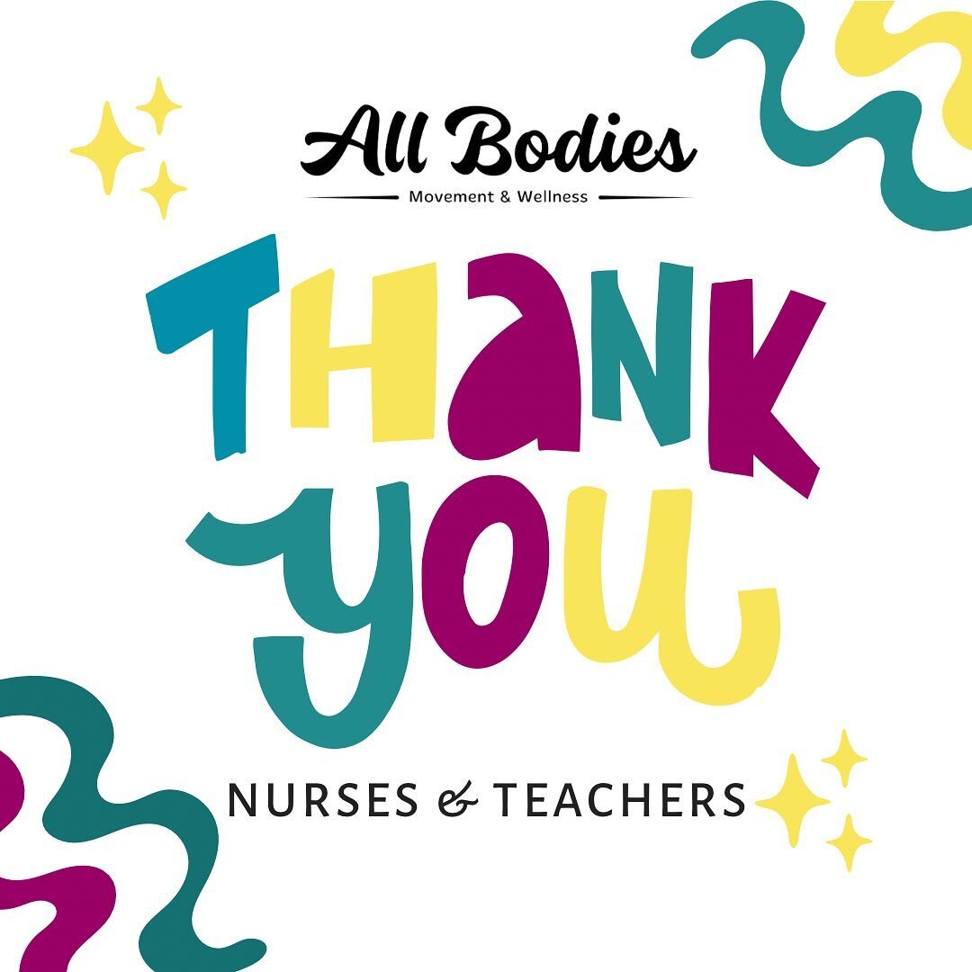 Attention nurses! Take a break from caring for others and care for yourself at All Bodies Movement and Wellness. Enjoy 20% off all services and items until tomorrow!
 
And to our teachers, summer just got better! Get an unlimited membership for only 