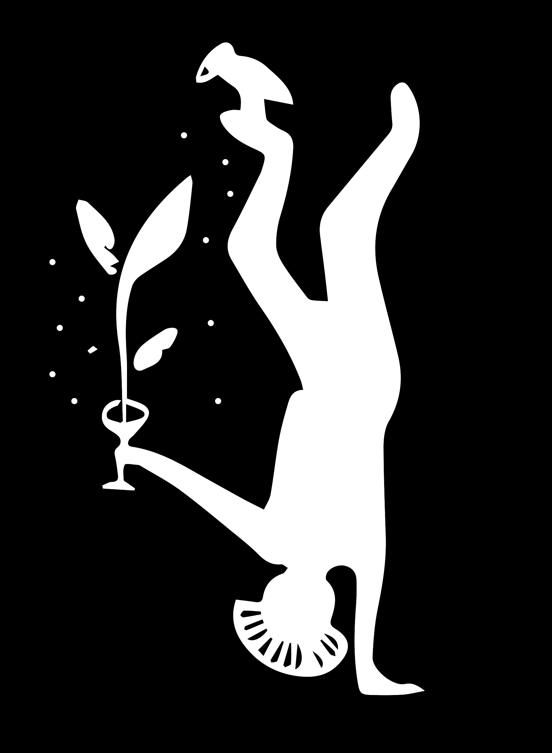 Silhouette d'une personne faisant le poirier, tenant un verre à cocktail, avec des poissons et des bulles autour, sur fond noir.