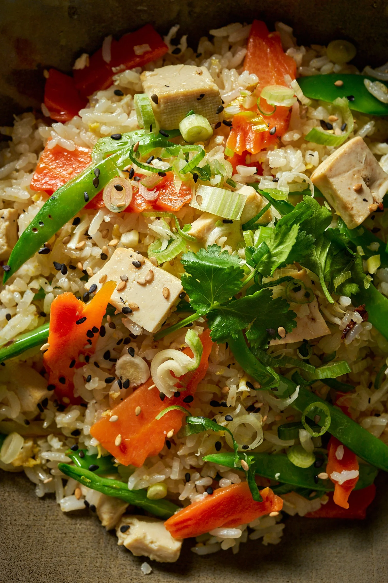 Riz frit avec morceaux de tofu, légumes (poivrons rouges, verts, carottes, oignons verts), graines de sésame noires et blanches, servie dans une assiette.