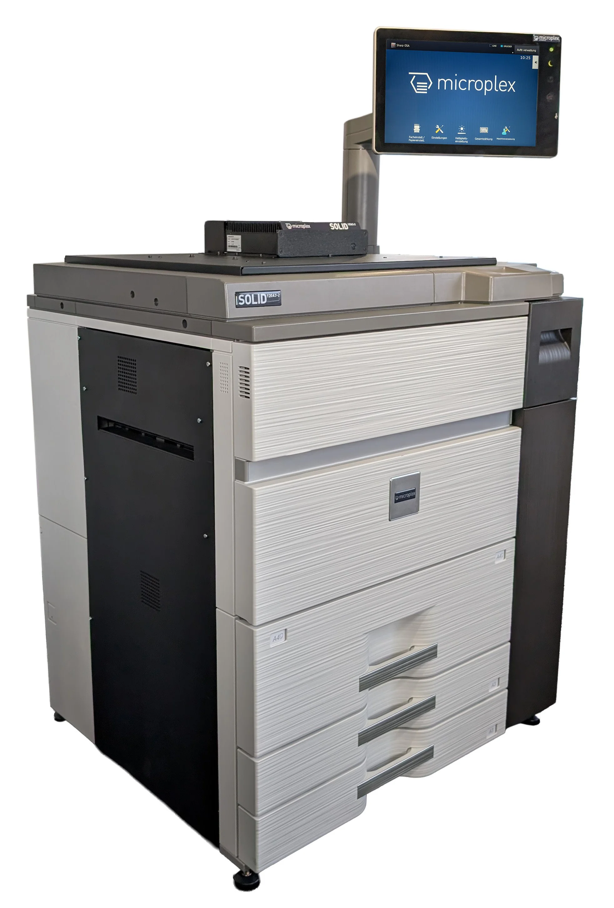 Microplex 120A3-2 printer showing four standard trays and large display