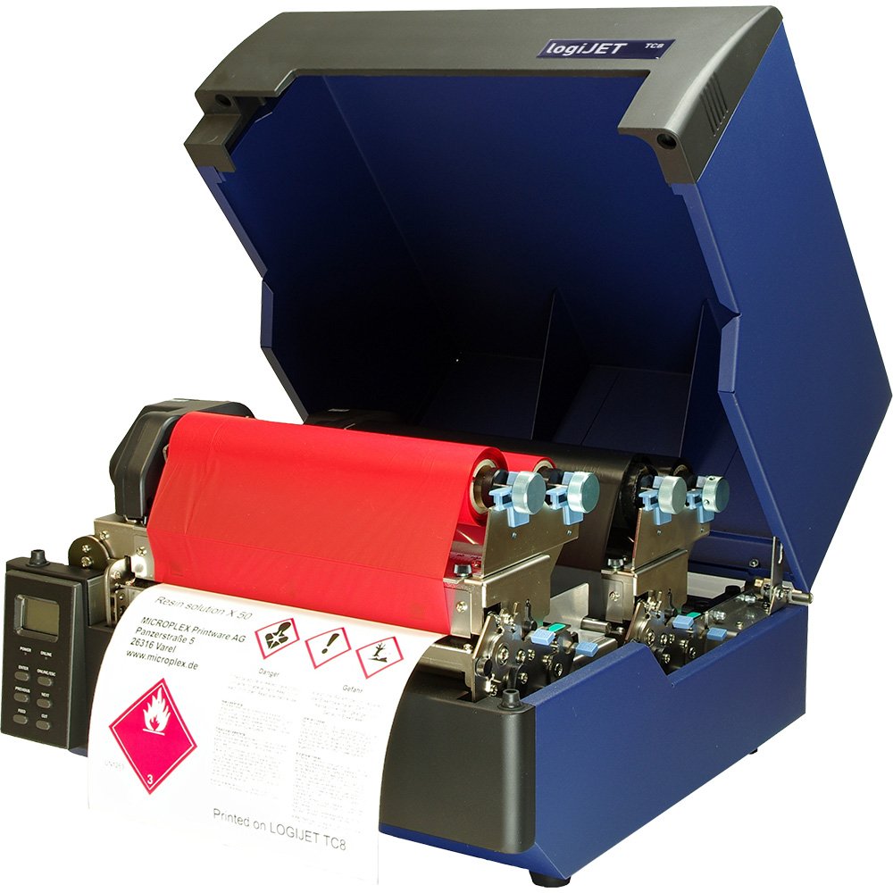 Microplex logijet TC8 with cover open showing dual colour ribbons and printing an 8-inch GHS Hazard Warning Label