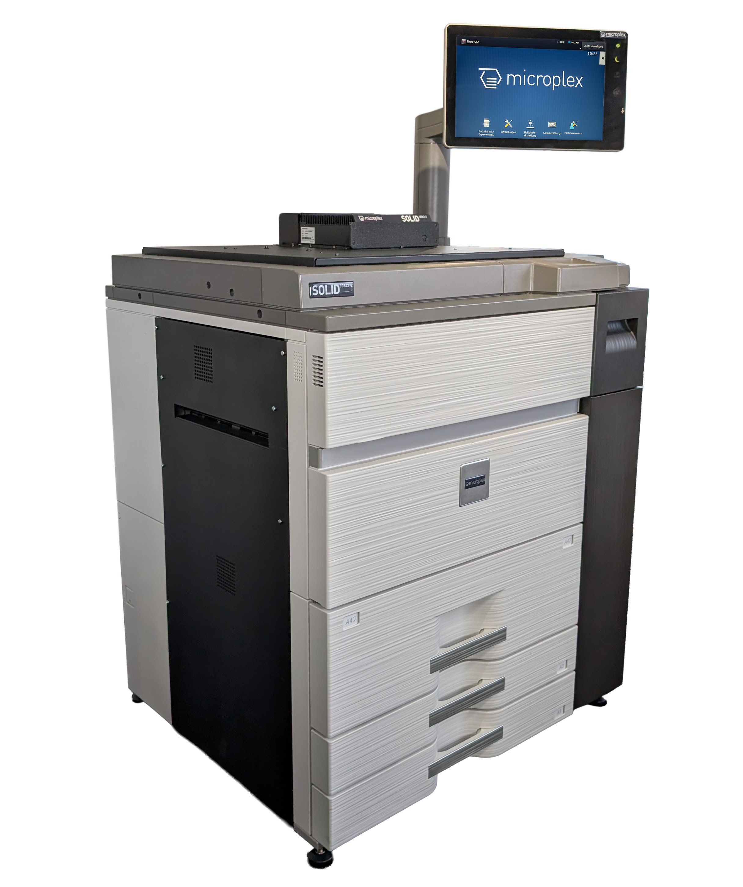 Microplex SOLID 105A3 120ppm printer clearly showing all trays