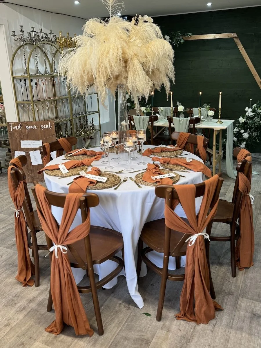 Rustic Orange Venue Styling Set-up at our Leicestershire Show Room.