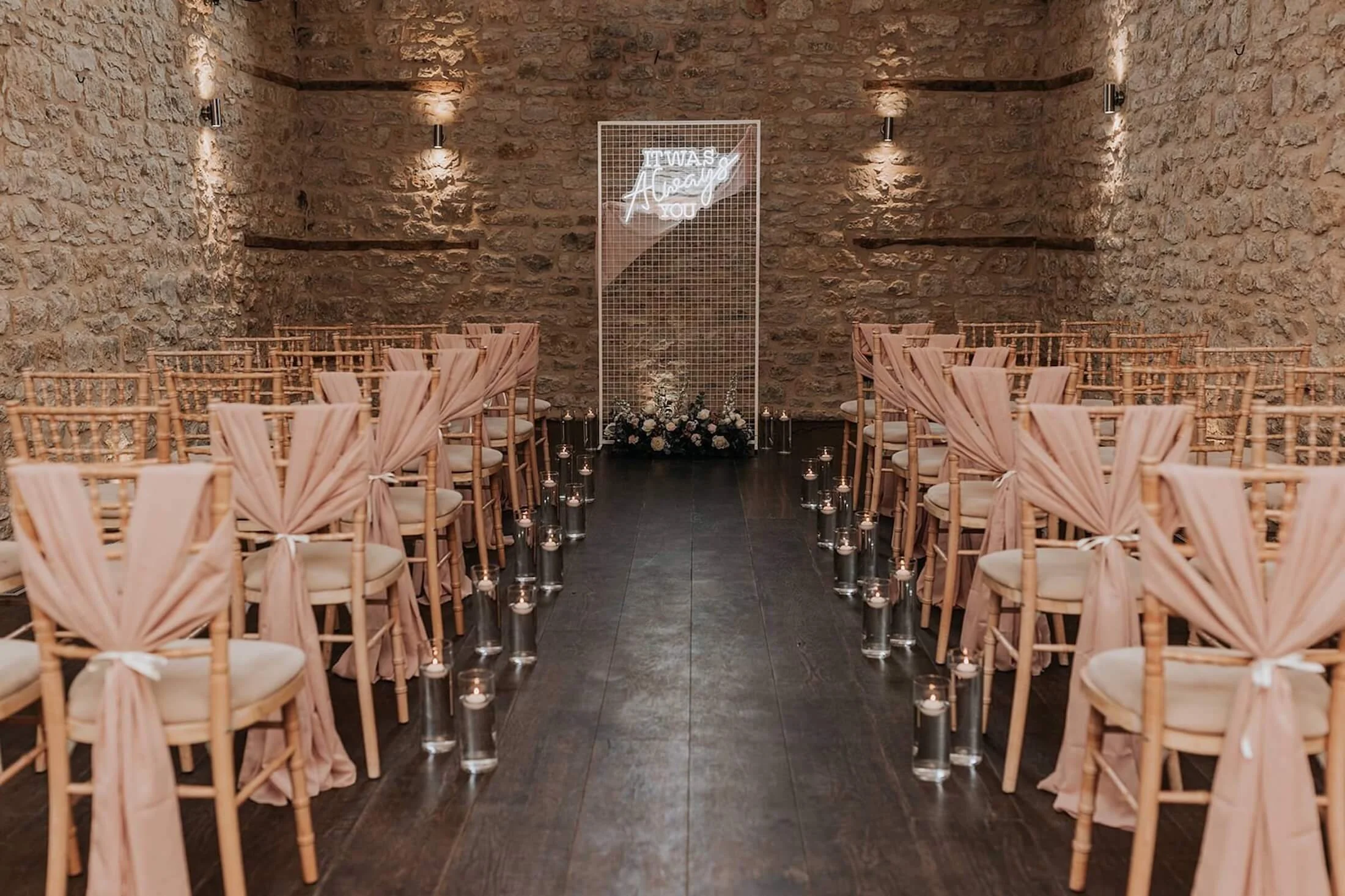 Luxury Wedding Styling for Wedding Ceremony including Chair Sashes.