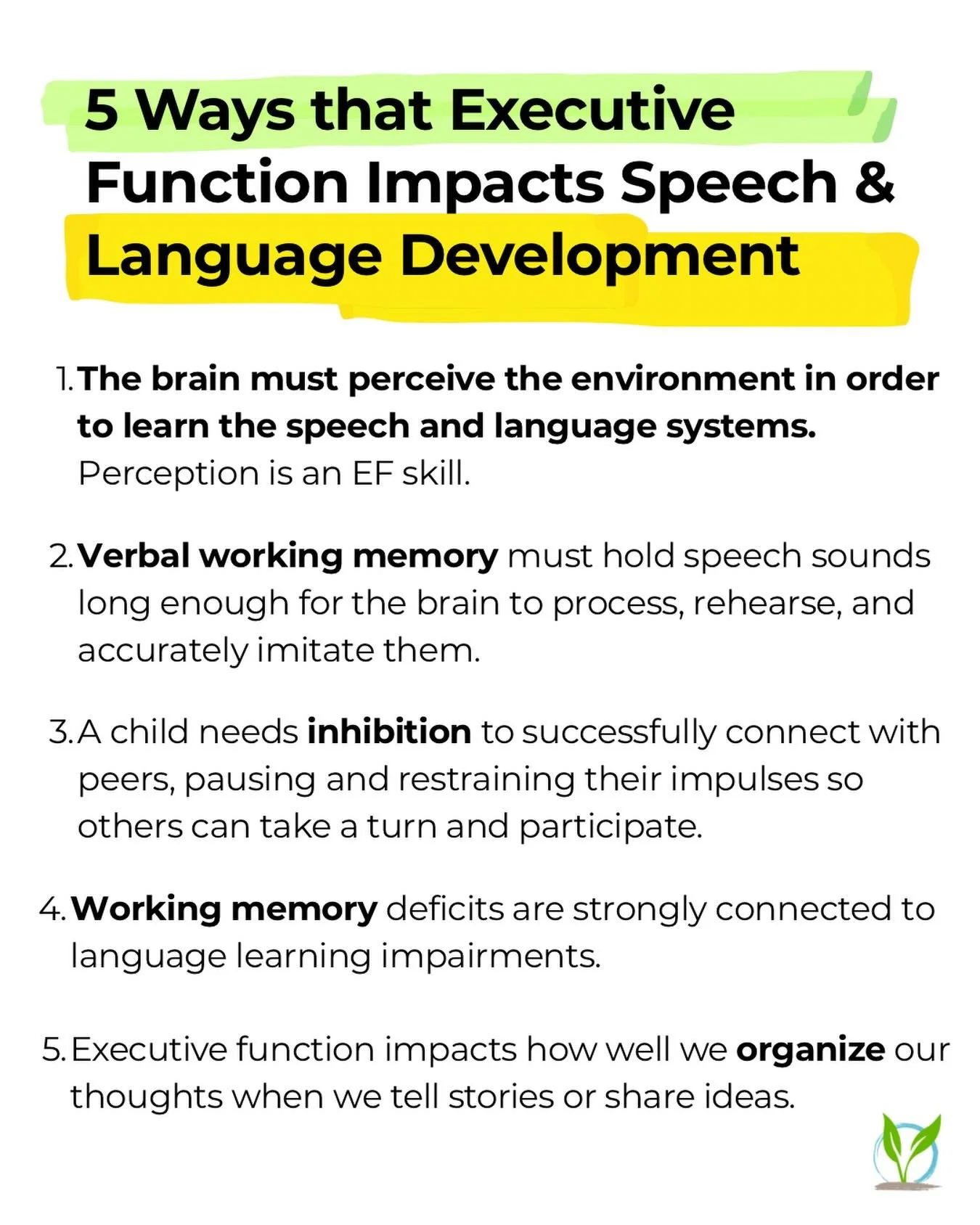 Speech and language development isn&rsquo;t just about sounds and words. It&rsquo;s driven by Executive Function.

A child has to first perceive what&rsquo;s happening around them to even begin learning language.

They need verbal working memory to h