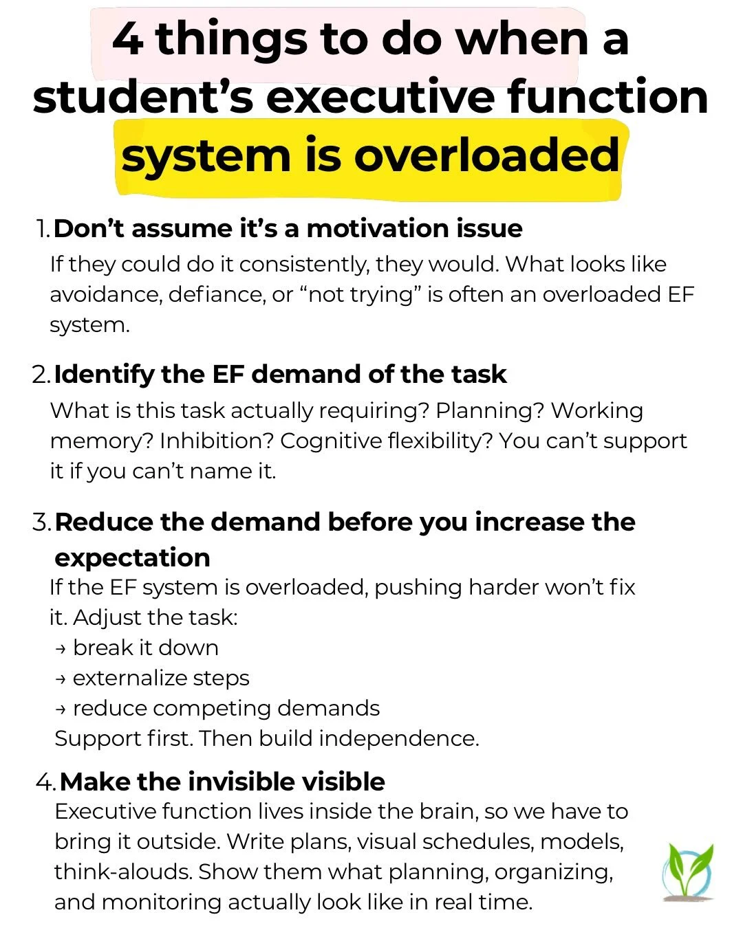 If a student is struggling, most people respond by increasing the pressure.

More reminders.
More consequences.
Higher expectations.

But if the executive function system is already overloaded&hellip;

that approach usually backfires.

Because execut