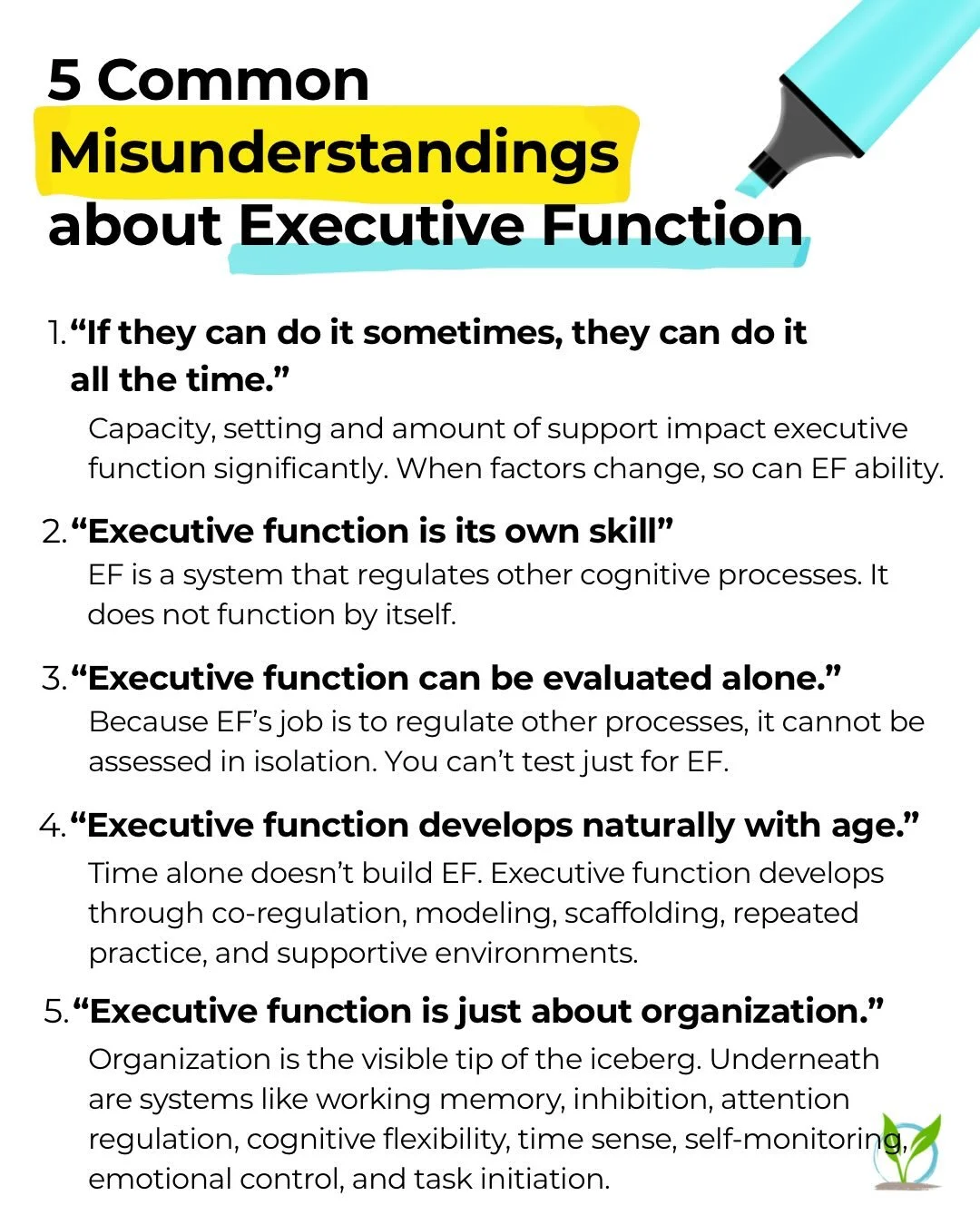 Executive function is so commonly misunderstood.

And I get why.

EF is an incredibly complex cognitive system

that doesn&rsquo;t function by itself. 

It&rsquo;s not possible to *just* see executive function.

We&rsquo;re always analyzing and asses