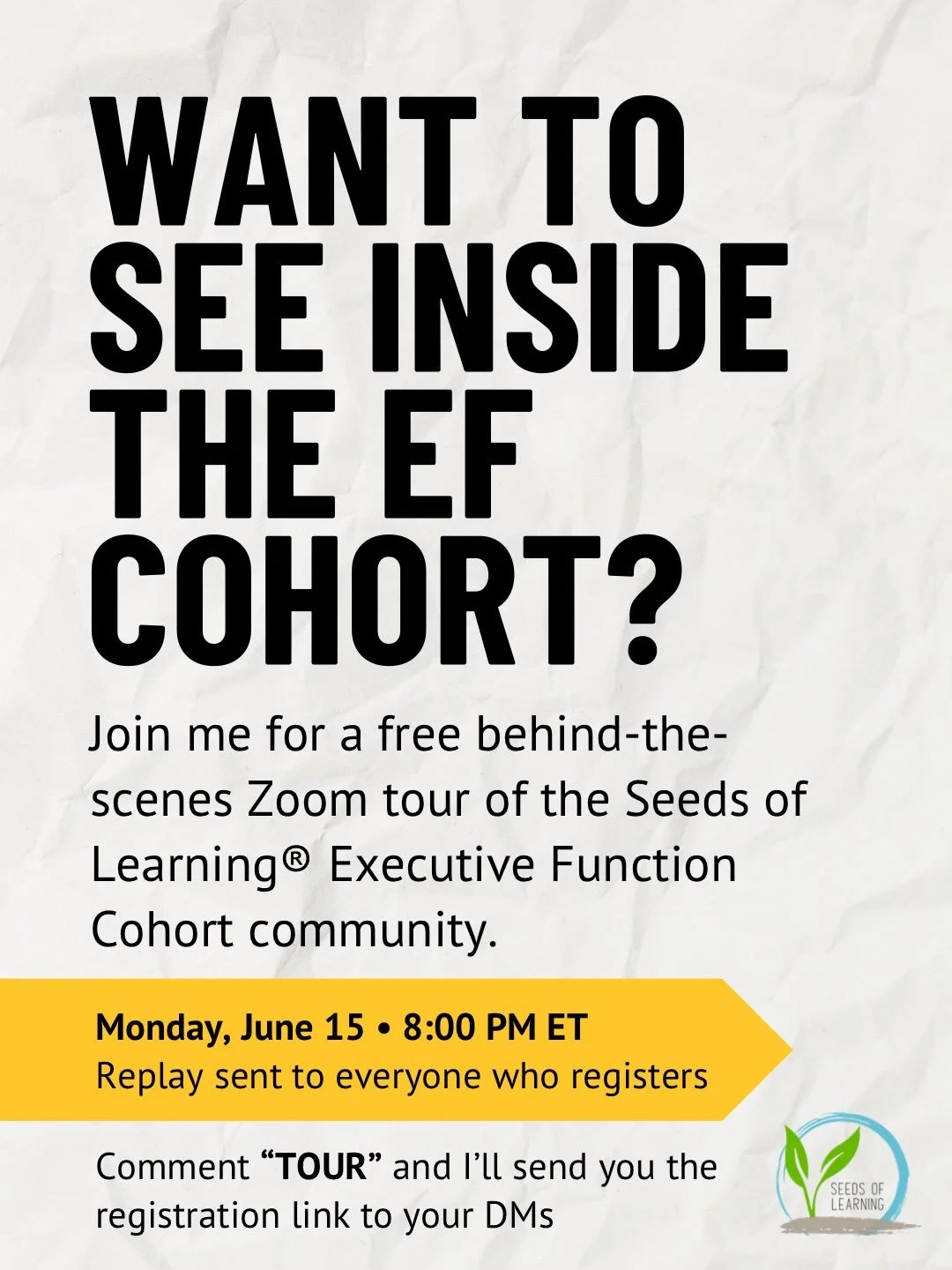 Have you been wondering what actually happens inside the Seeds of Learning Executive Function Cohort?

I&rsquo;m hosting a free behind-the-scenes Zoom tour on Monday, June 15 at 8:00 PM ET.

I&rsquo;ll walk you through the community, show you how the