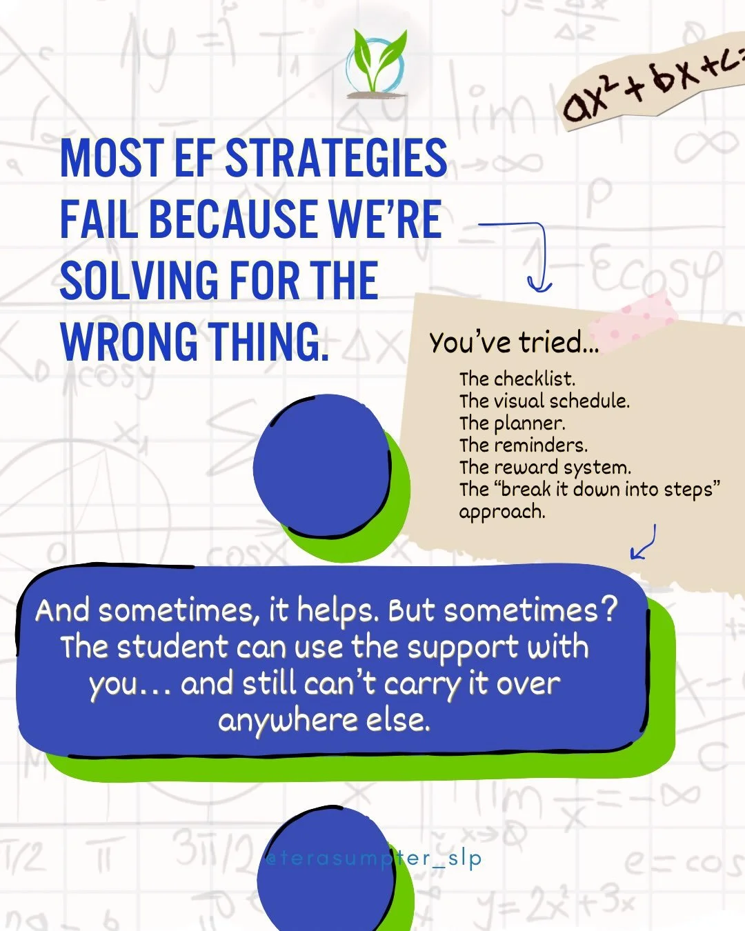 In algebra, the equation matters.

But what you are solving for changes the whole process.

The same is true in executive function intervention.

A student may look like they are struggling with speech, language, reading, math, social interactions, s