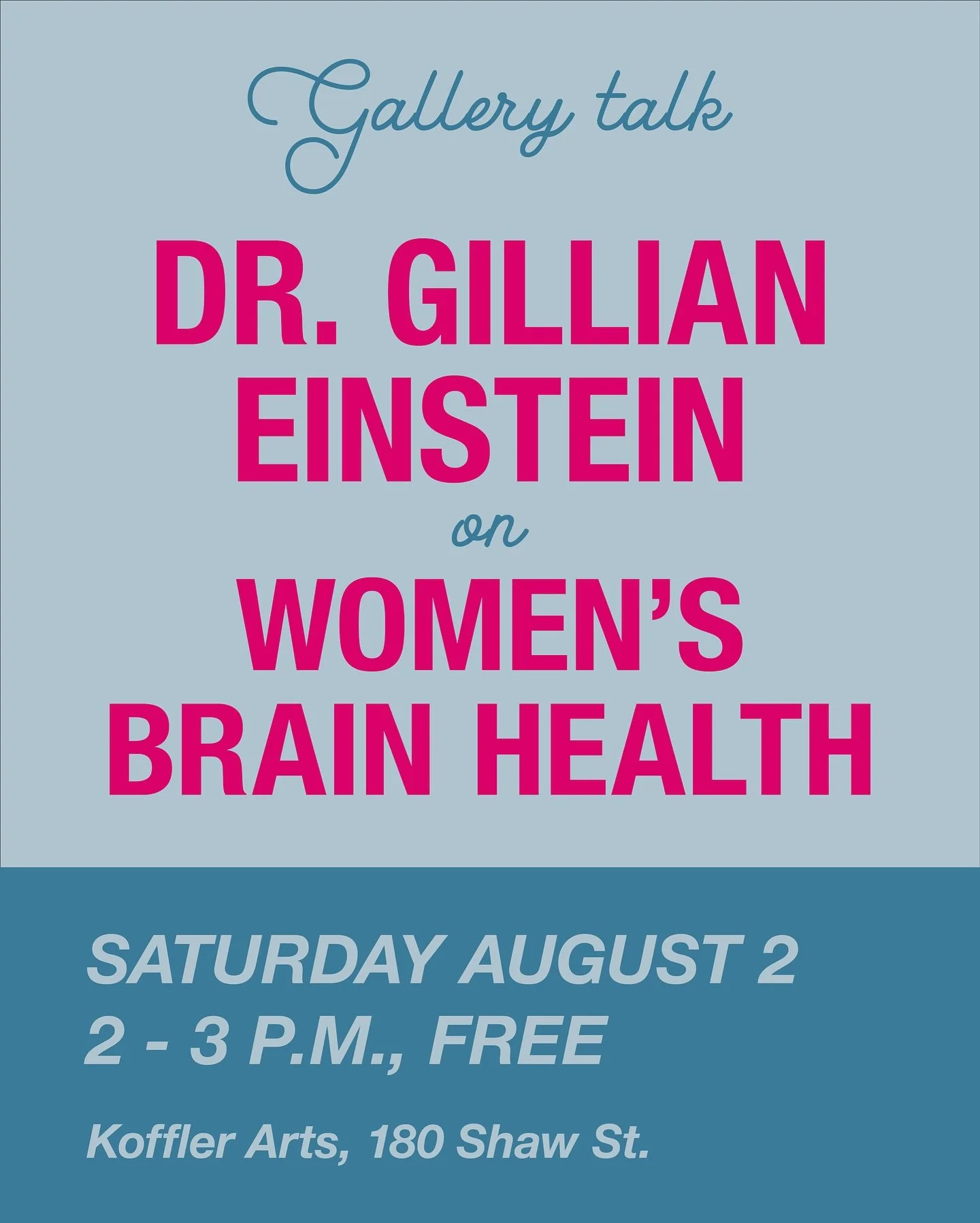 Don&rsquo;t miss it!!!

Join Dr. Gillian Einstein this Saturday from 2-3 PM EST for a Gallery Talk on Women&rsquo;s Brain Health hosted by the Koffler Arts Gallery. Dr. Einstein will share her insights on how sex, gender and life experiences shape br