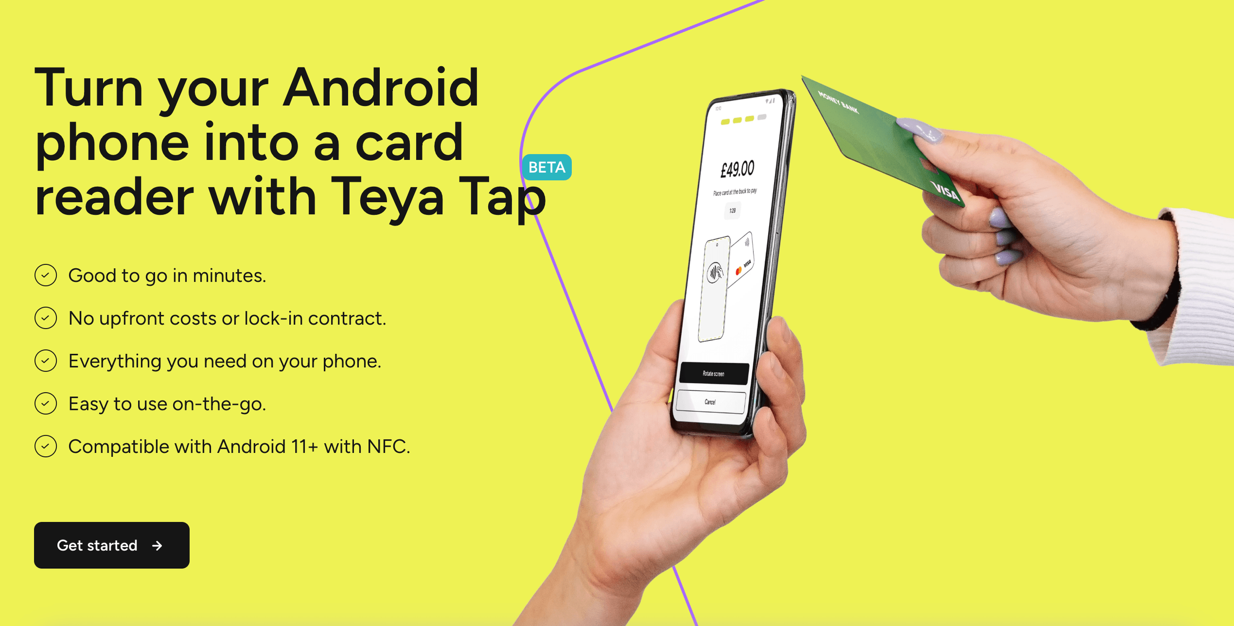 Bright yellow background with black text promoting turning Android phone into a card reader with Teya Tap. The image shows a person holding a smartphone with a screen displaying a payment and a person holding a green Visa card.