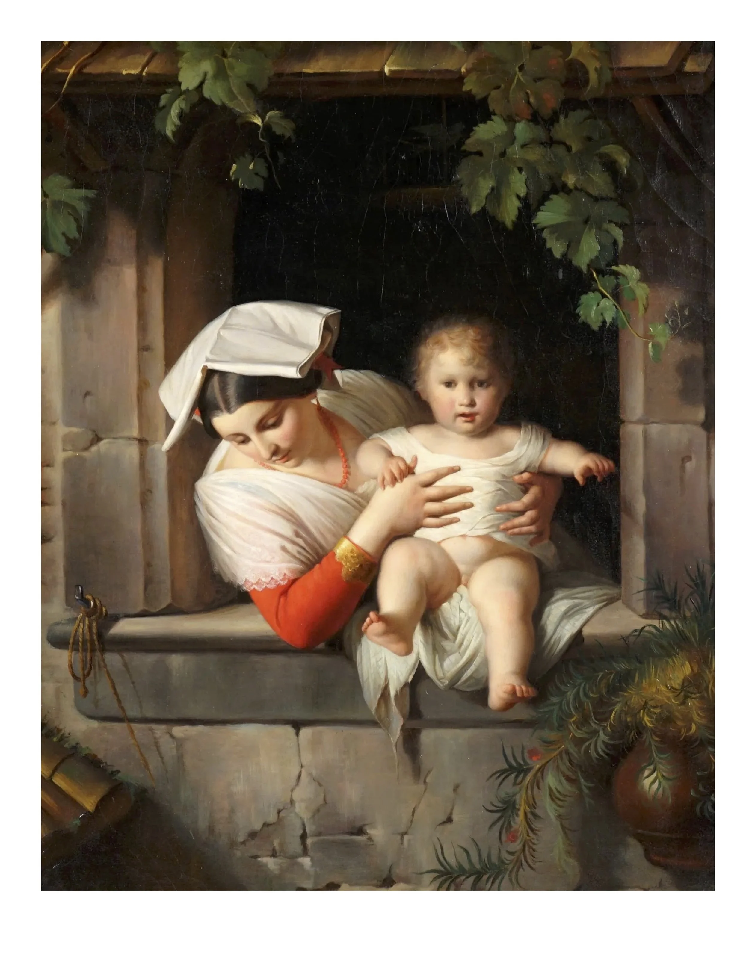 A woman with dark hair and a white bonnet holds a young child on her lap, sitting on a stone bench, with greenery overhead and a dark background. Painting after Alfred Van Muyden.