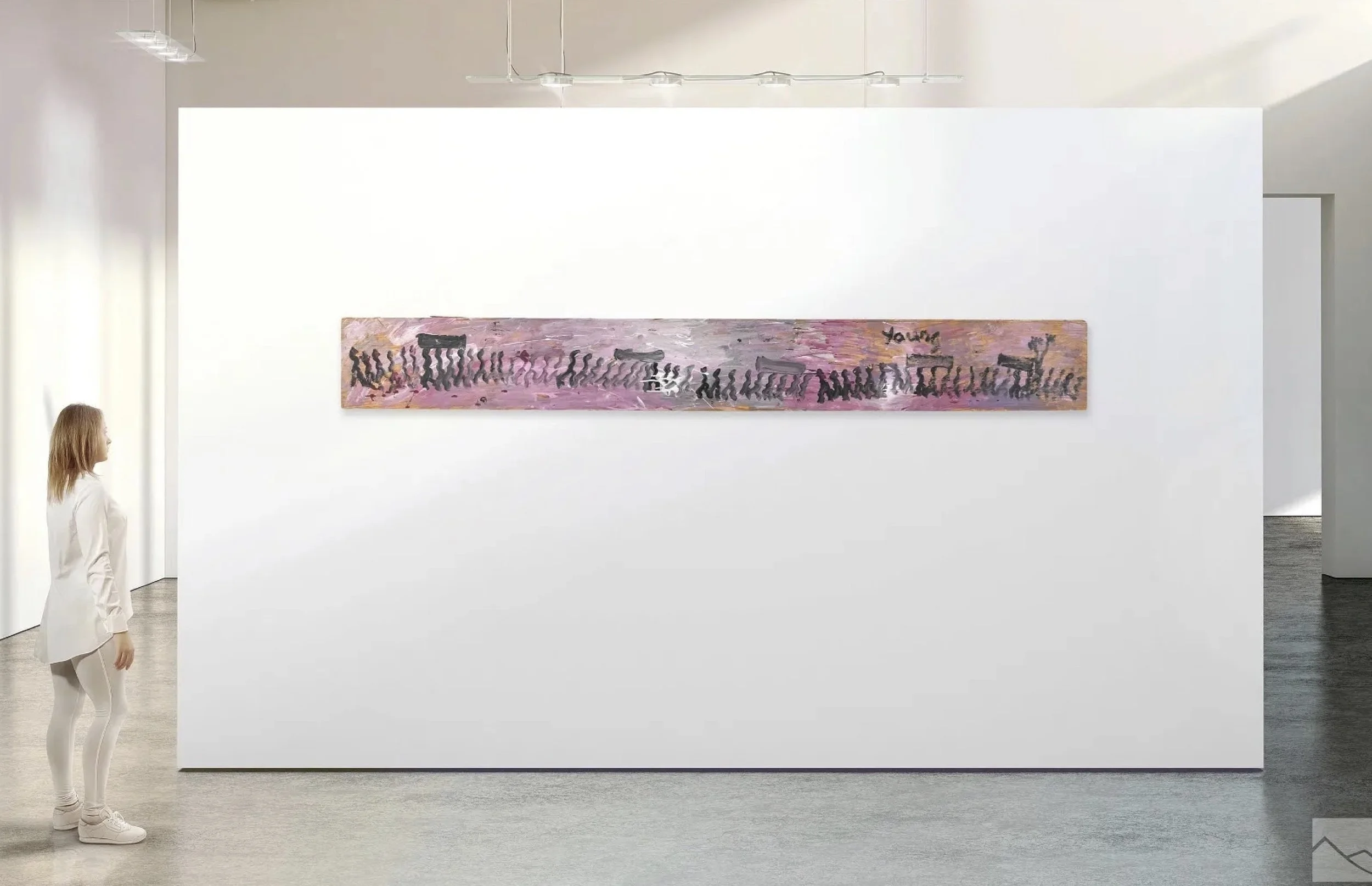 A woman standing in front of a long, horizontal pink and black abstract painting by Purvis Young on a white gallery wall.