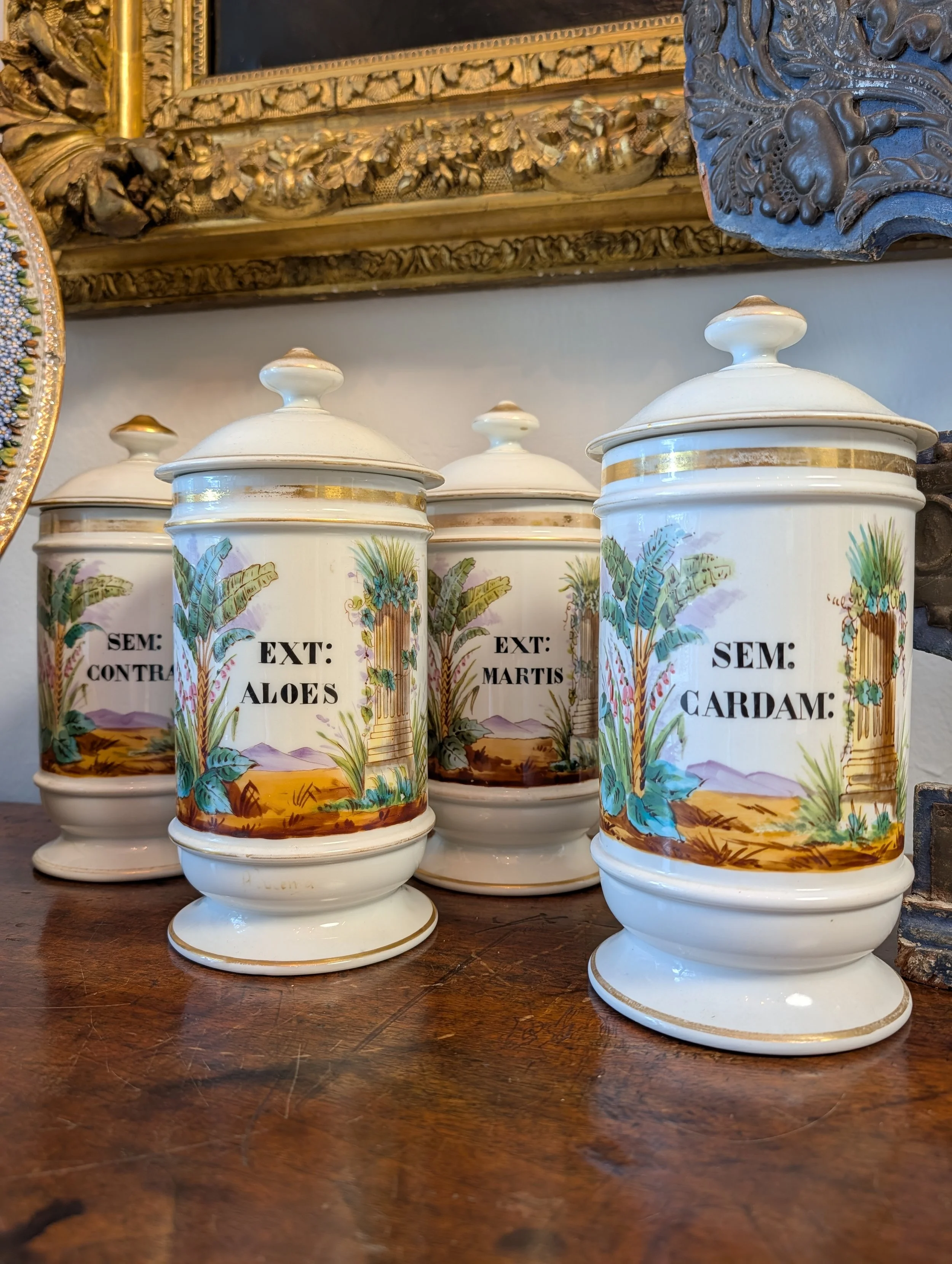 Four antique porcelain apothecary jars with lids, decorated with tropical palm trees and classical ruins, labeled for herbal remedies like aloe, martis, and cardamom, placed on a wooden surface.