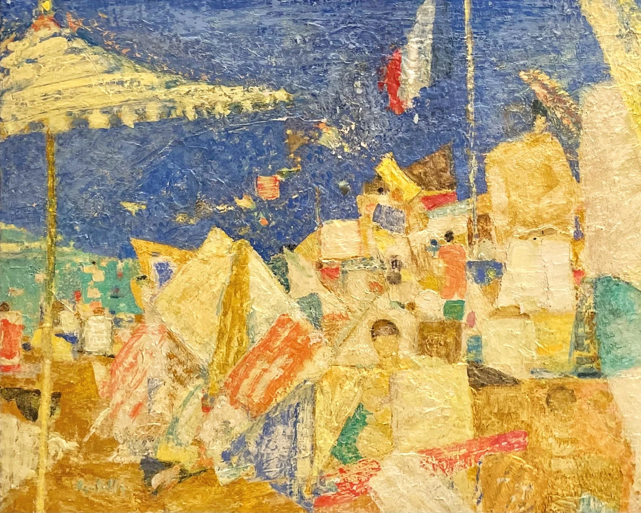 An impressionist-style painting of a beach scene with tents, umbrellas, and people, set against a blue sky by Henri Castella