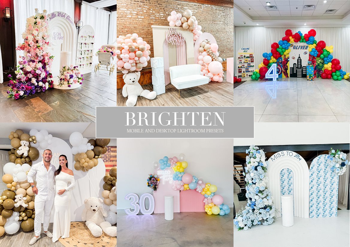 Collage of six decorated event backgrounds featuring floral arrangements, balloon arches, and decorative signs for celebrations such as birthdays and weddings.
