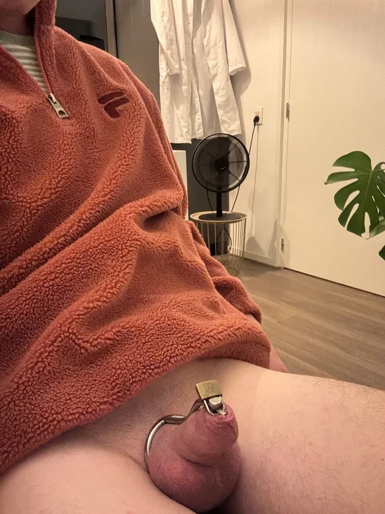 A shirtless person taking a mirror selfie in a room with wooden flooring and a colorful poster on the wall, wearing shorts partially pulled down.