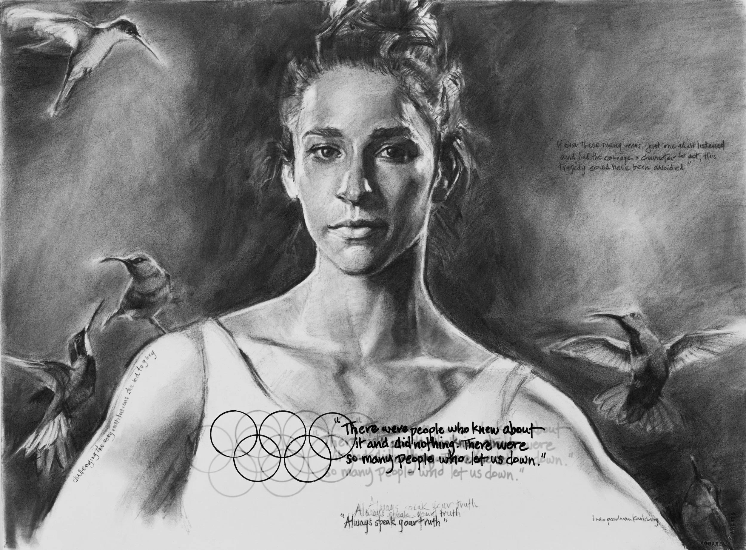 She Spoke Up II, Aly Raisman, charcoal on Arches paper, 22.5" x 30"