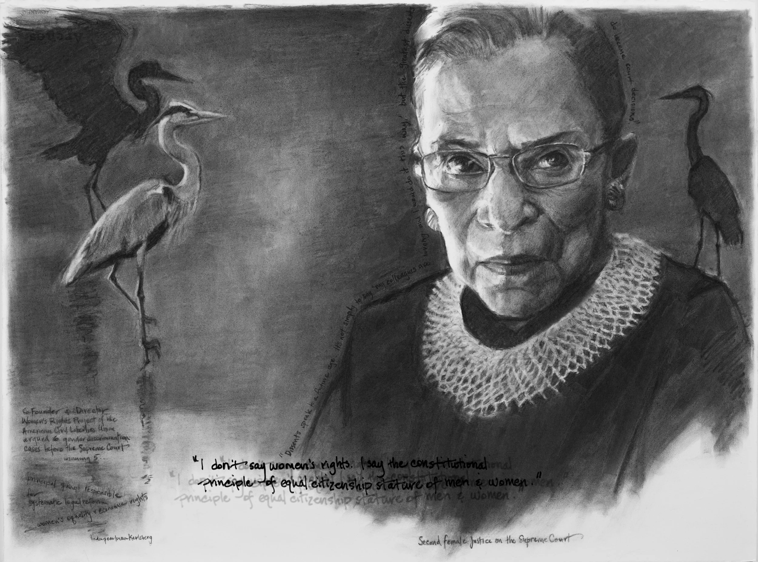 She Spoke Up IV, Ruth Bader Ginsburg, charcoal on Arches paper, 22.5" x 30"