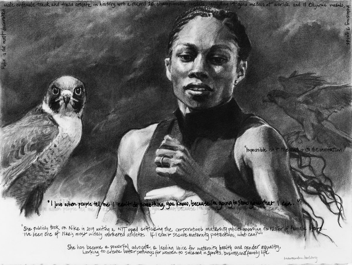 She Spoke Up XXVII, Allyson Felix, charcoal on Arches paper, 22.5" x 30"