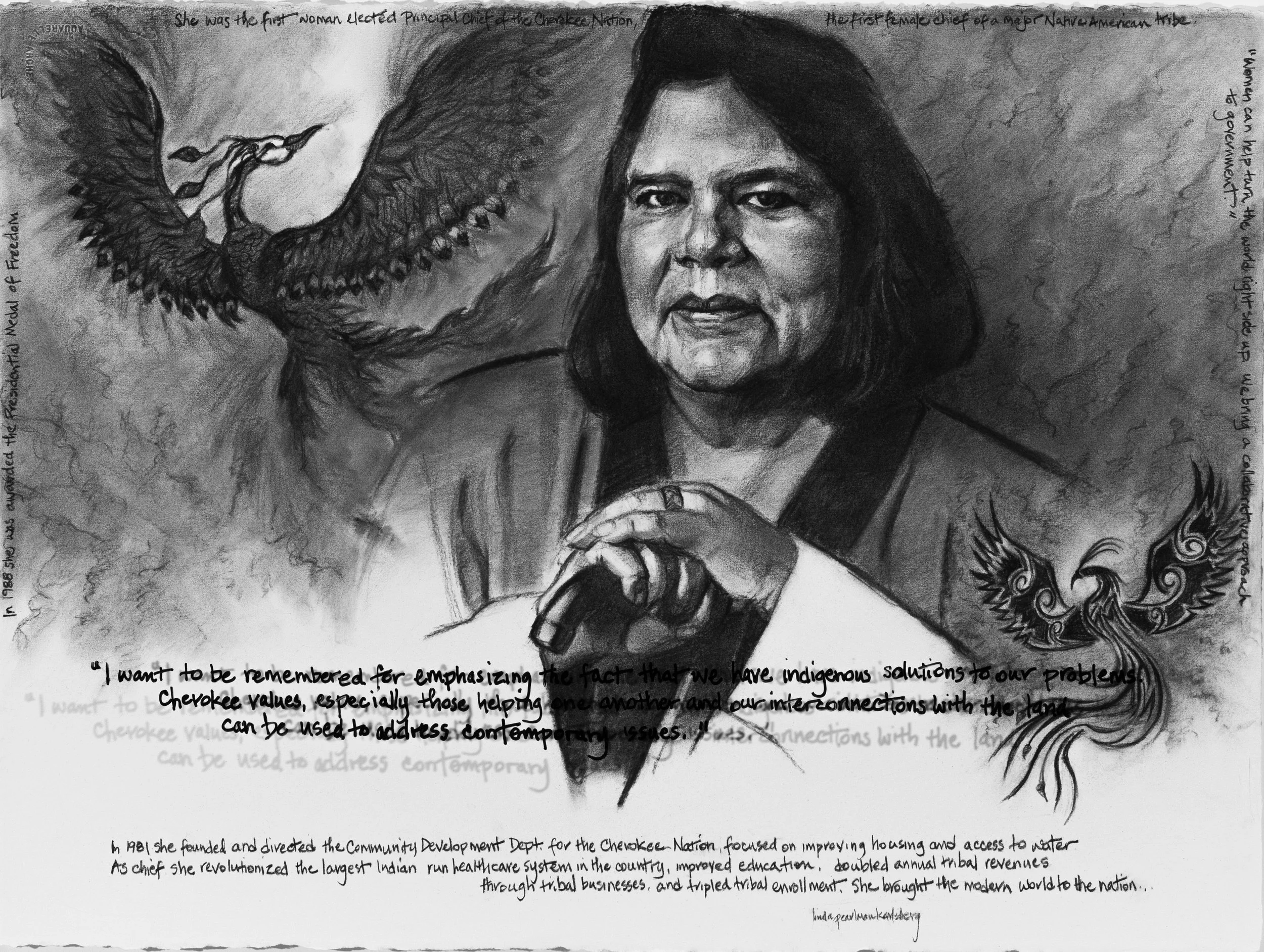 She Spoke Up XVI,  Wilma Mankiller, charcoal on Arches paper,  22.5" x 30"
