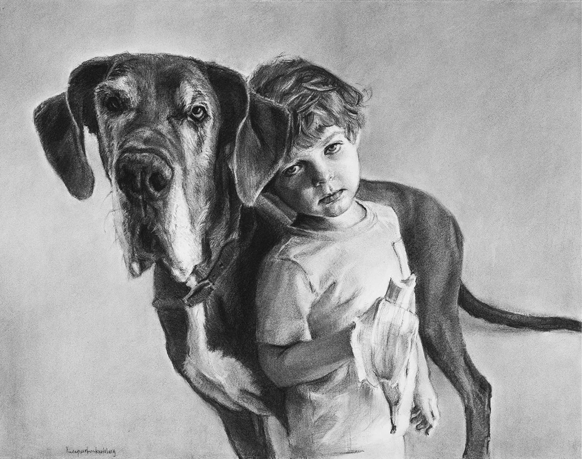 Boy and His Dog Named Moose, charcoal on Arches paper, 22.5" x 28.5: