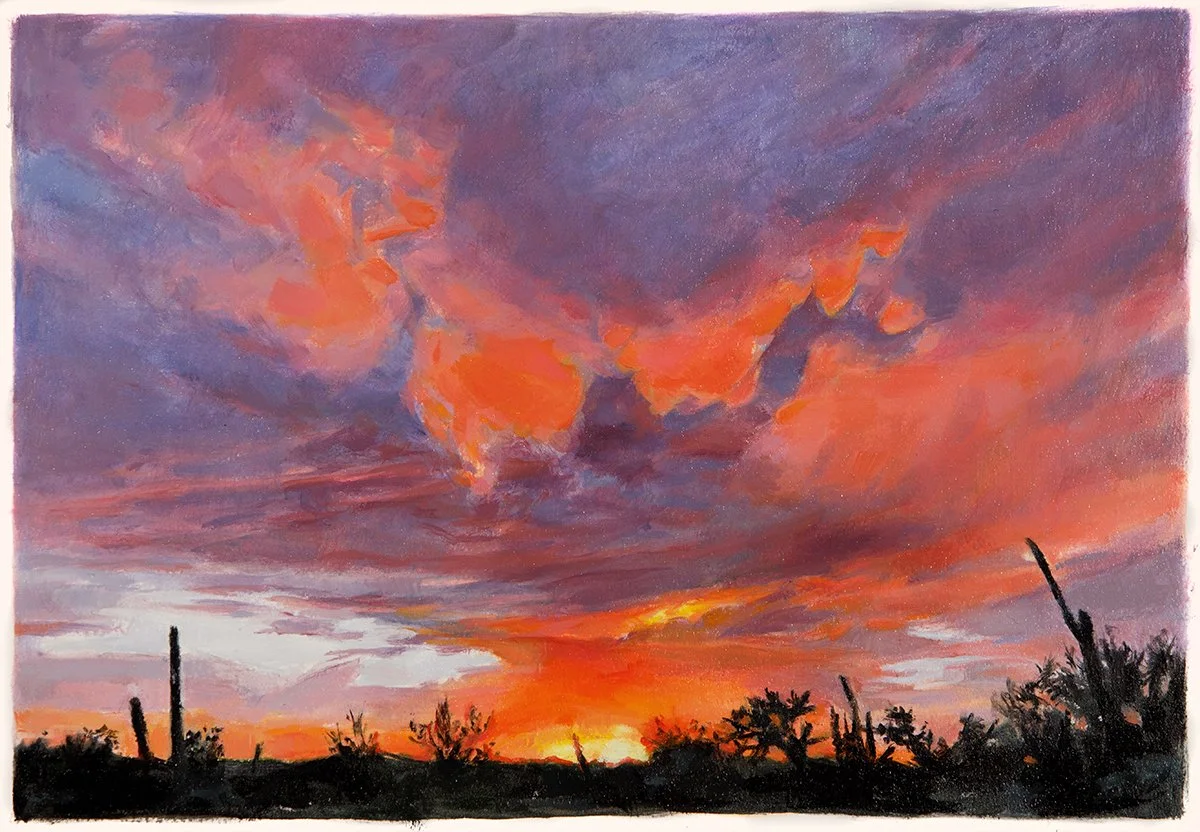 Fiery Sunset Tucson, oil on oil paper, 12' X 16"