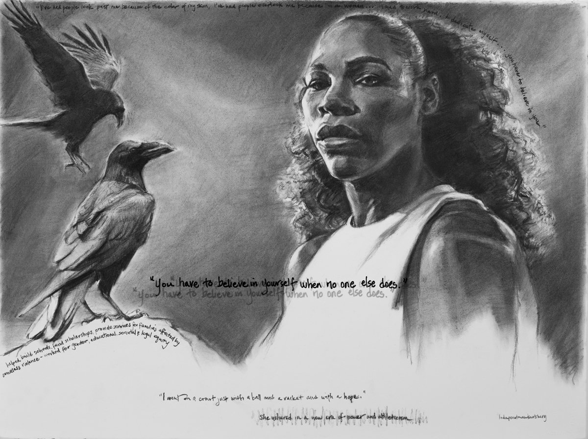 She Spoke Up III, Serena Williams, charcoal on Arches paper, 22.5" x 30"
